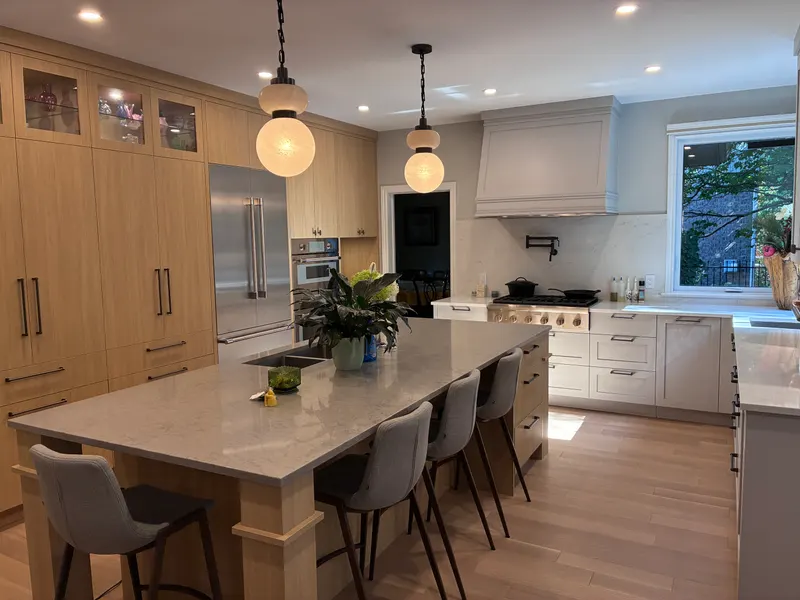 Kitchen island and cabinets after a clean